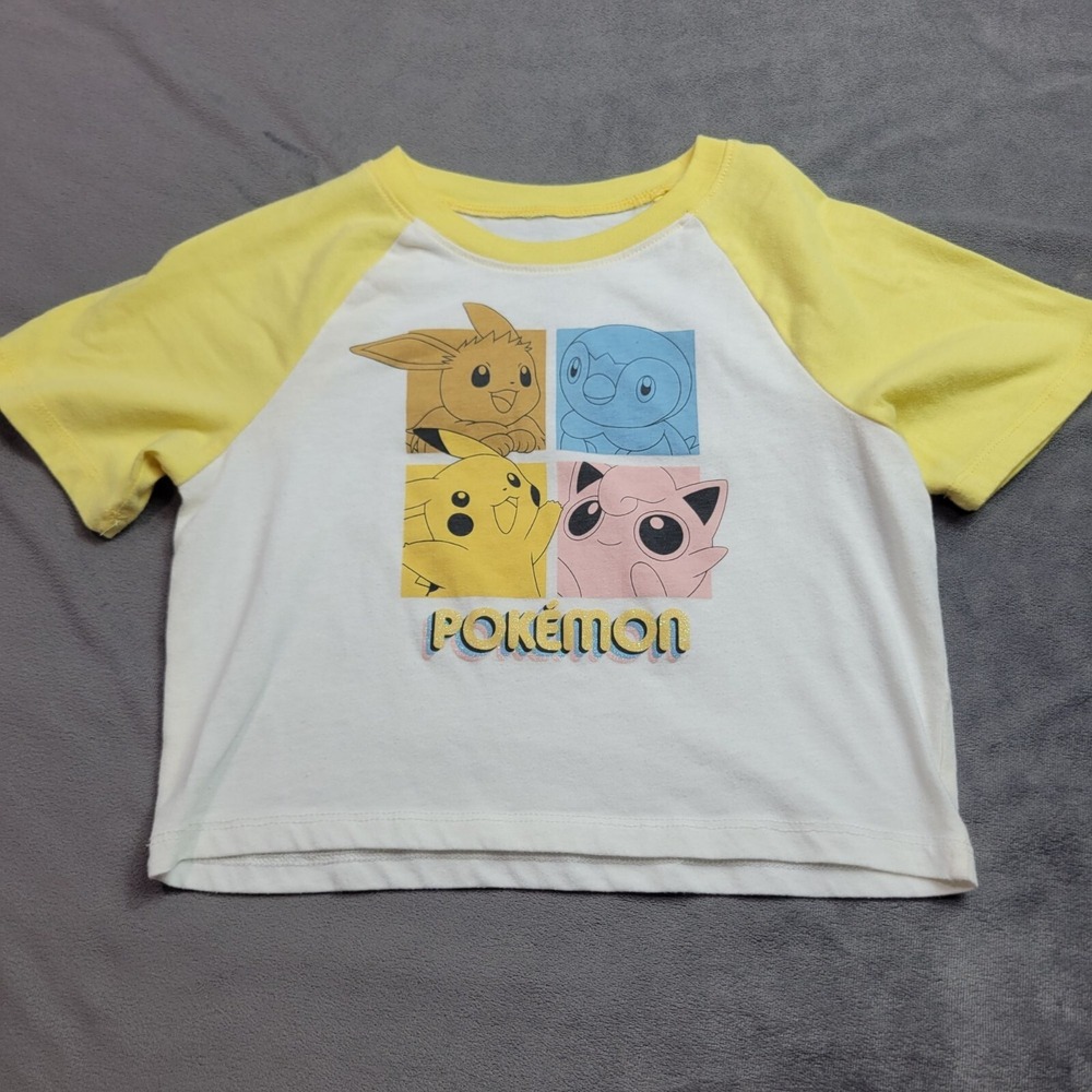 Pokemon Yellow & White Raglan T-Shirt Featuring Pikachu Eevee Jigglypuff Girls M
